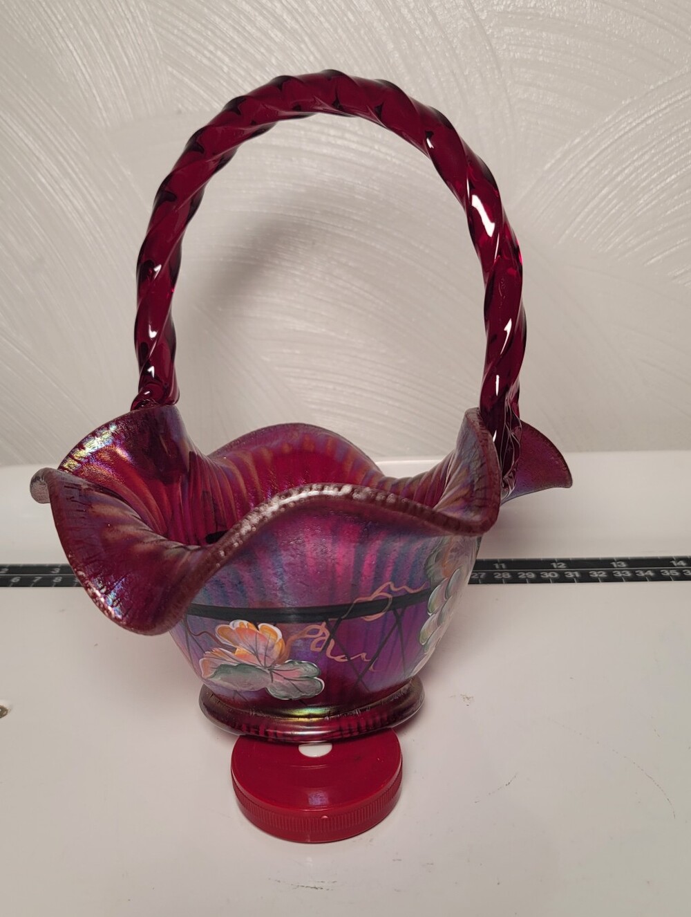 Fenton Hand-Painted Ruby Amberina Iridescent Glass Basket. 2003